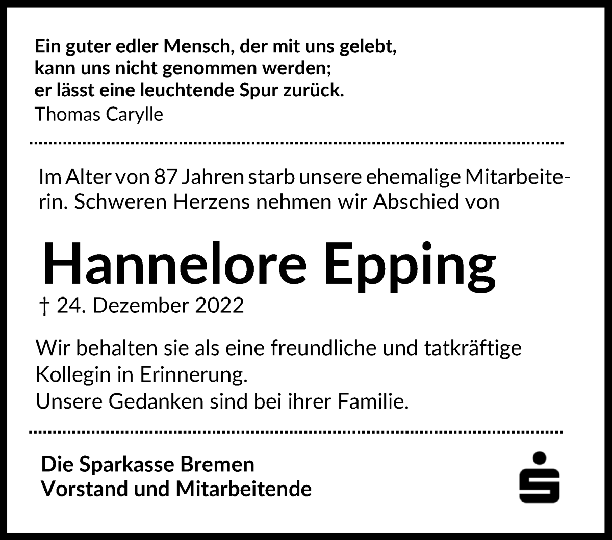 Traueranzeige von Hannelore Epping von WESER-KURIER