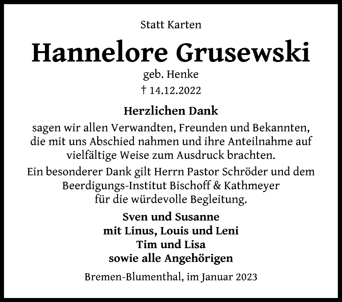 Traueranzeige von Hannelore Grusewski von Die Norddeutsche