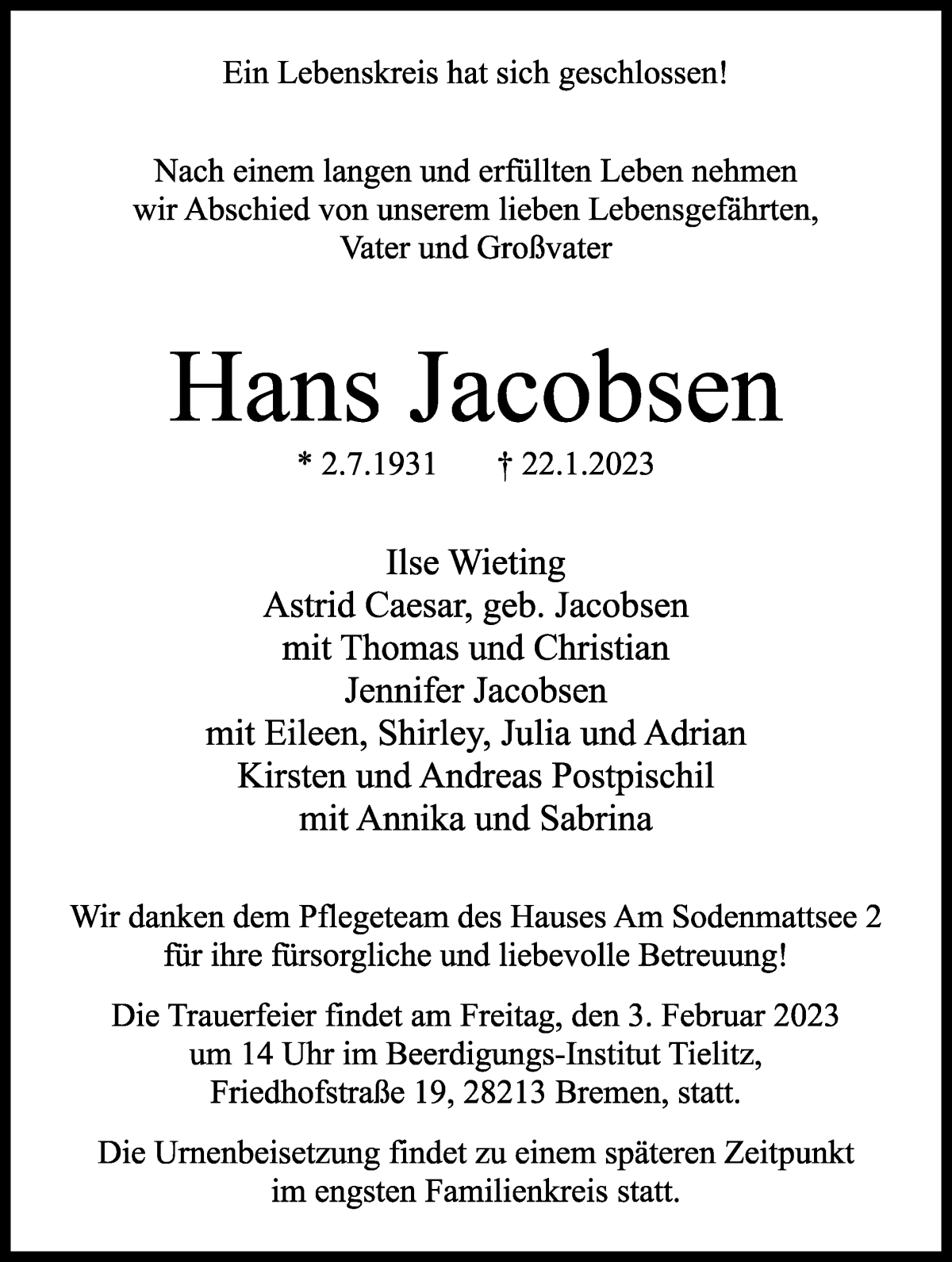 Traueranzeige von Hans Jacobsen von WESER-KURIER