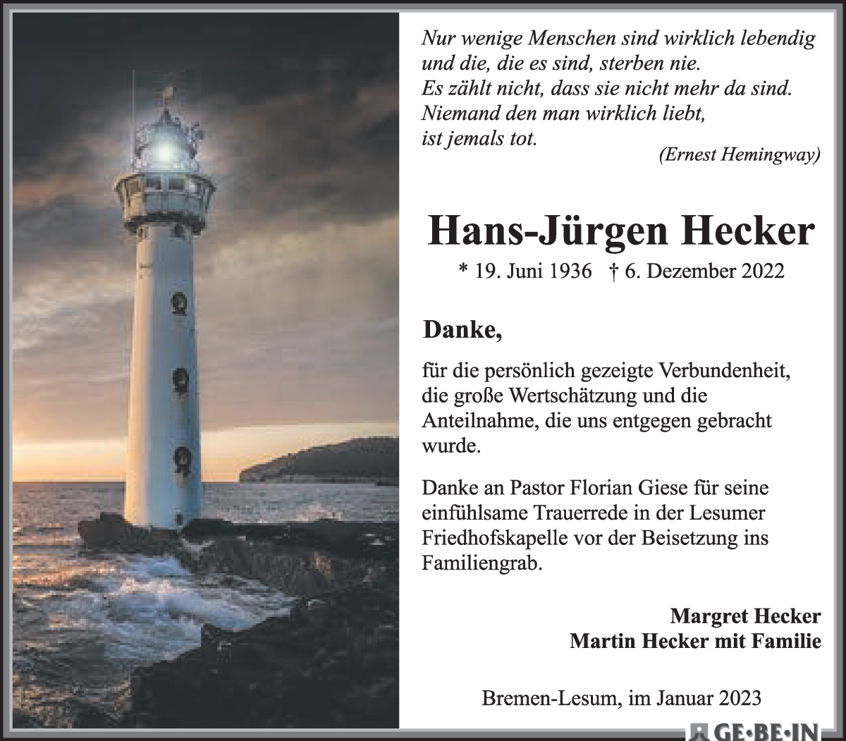 Traueranzeige von Hans-Jürgen Hecker von WESER-KURIER