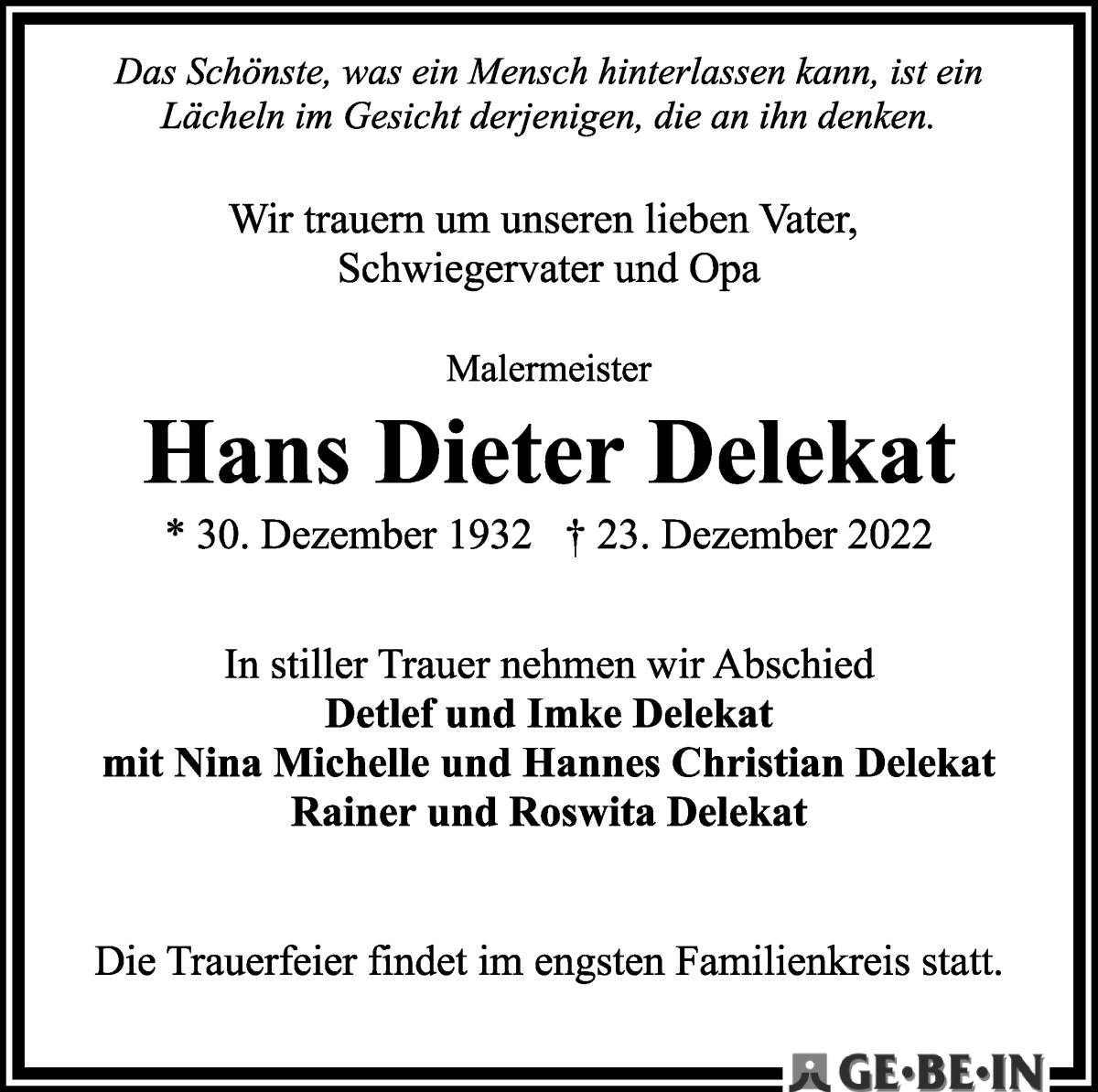 Traueranzeige von Hans Dieter Delekat von WESER-KURIER