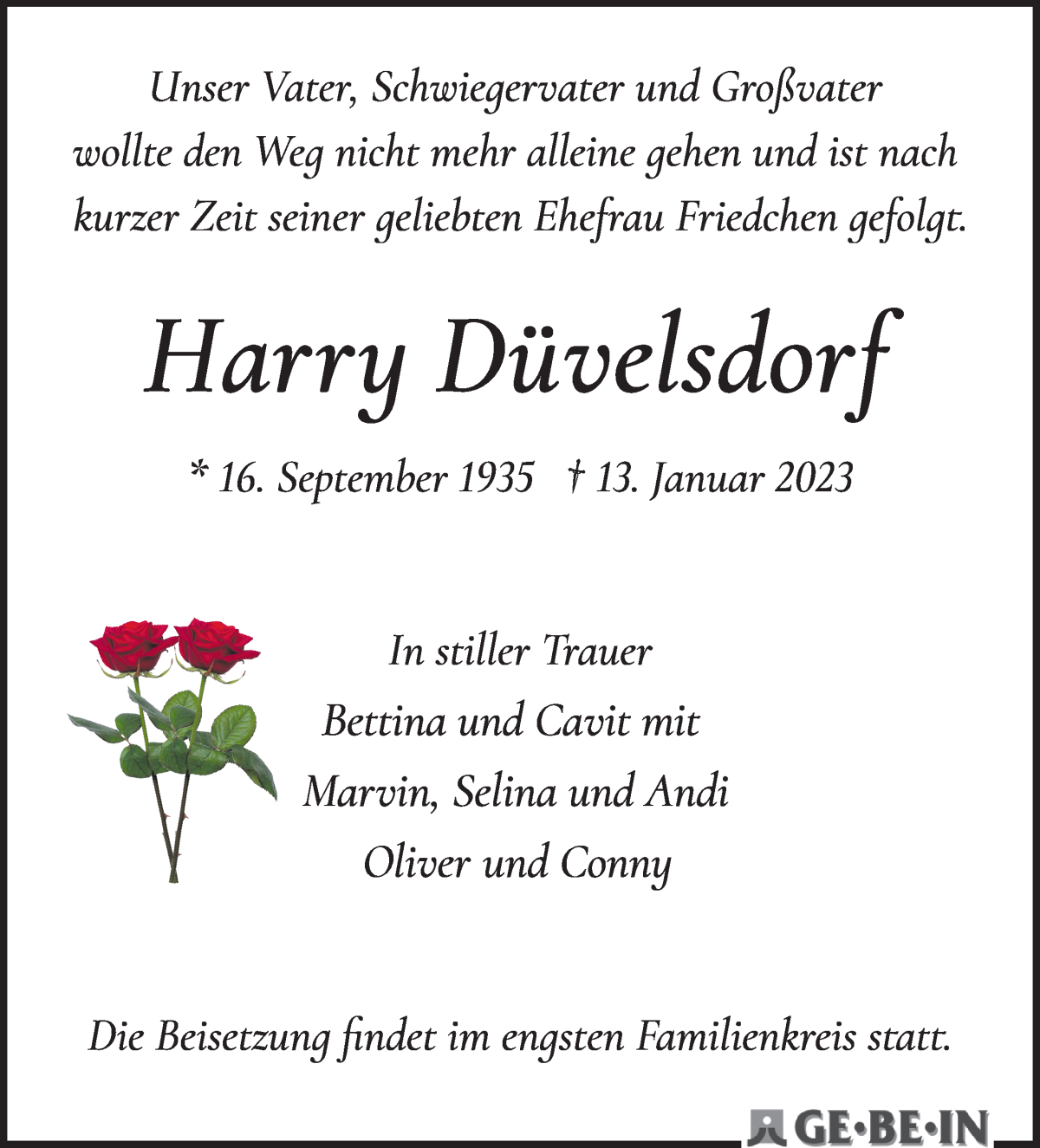 Traueranzeige von Harry Düvelsdorf von WESER-KURIER