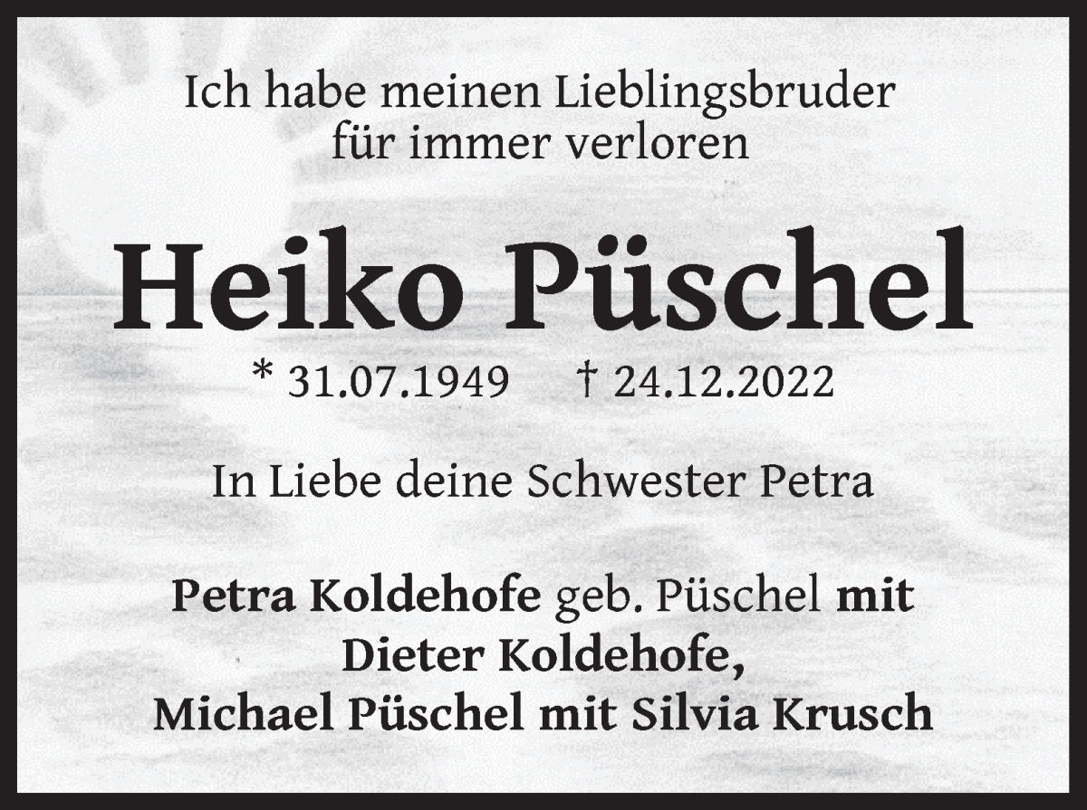Traueranzeige von Heiko Püschel von WESER-KURIER