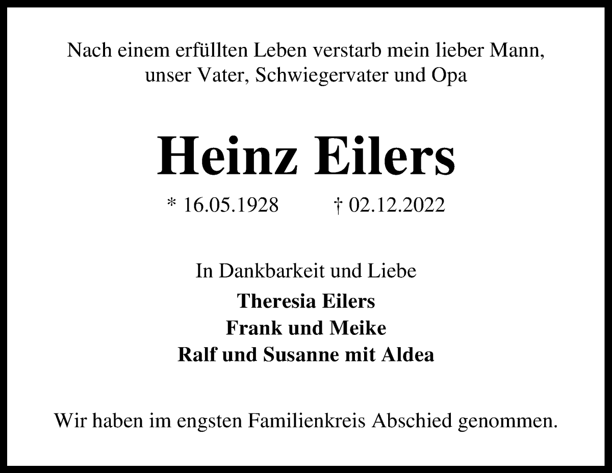 Traueranzeige von Heinz Eilers von Die Norddeutsche