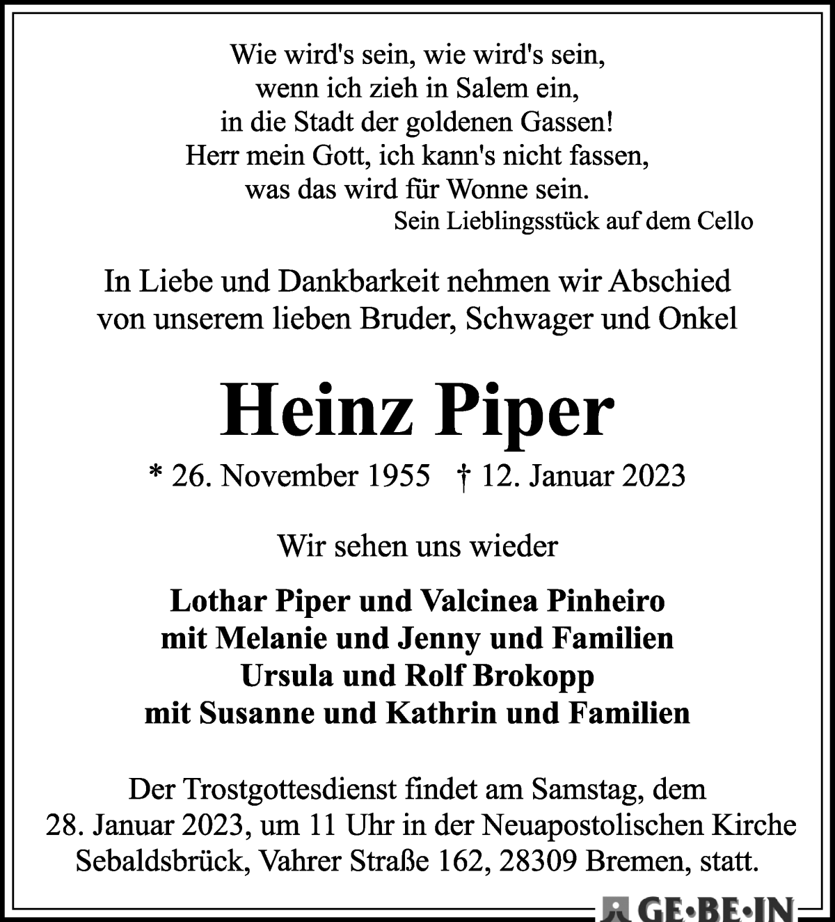 Traueranzeige von Heinz Piper von WESER-KURIER