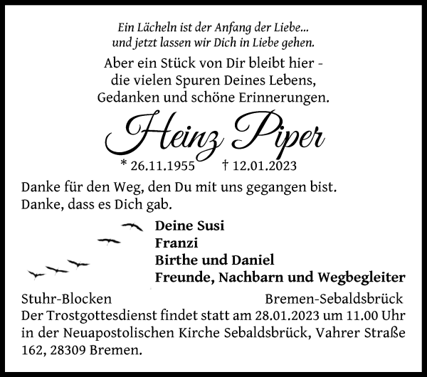 Traueranzeige von Heinz Piper von WESER-KURIER
