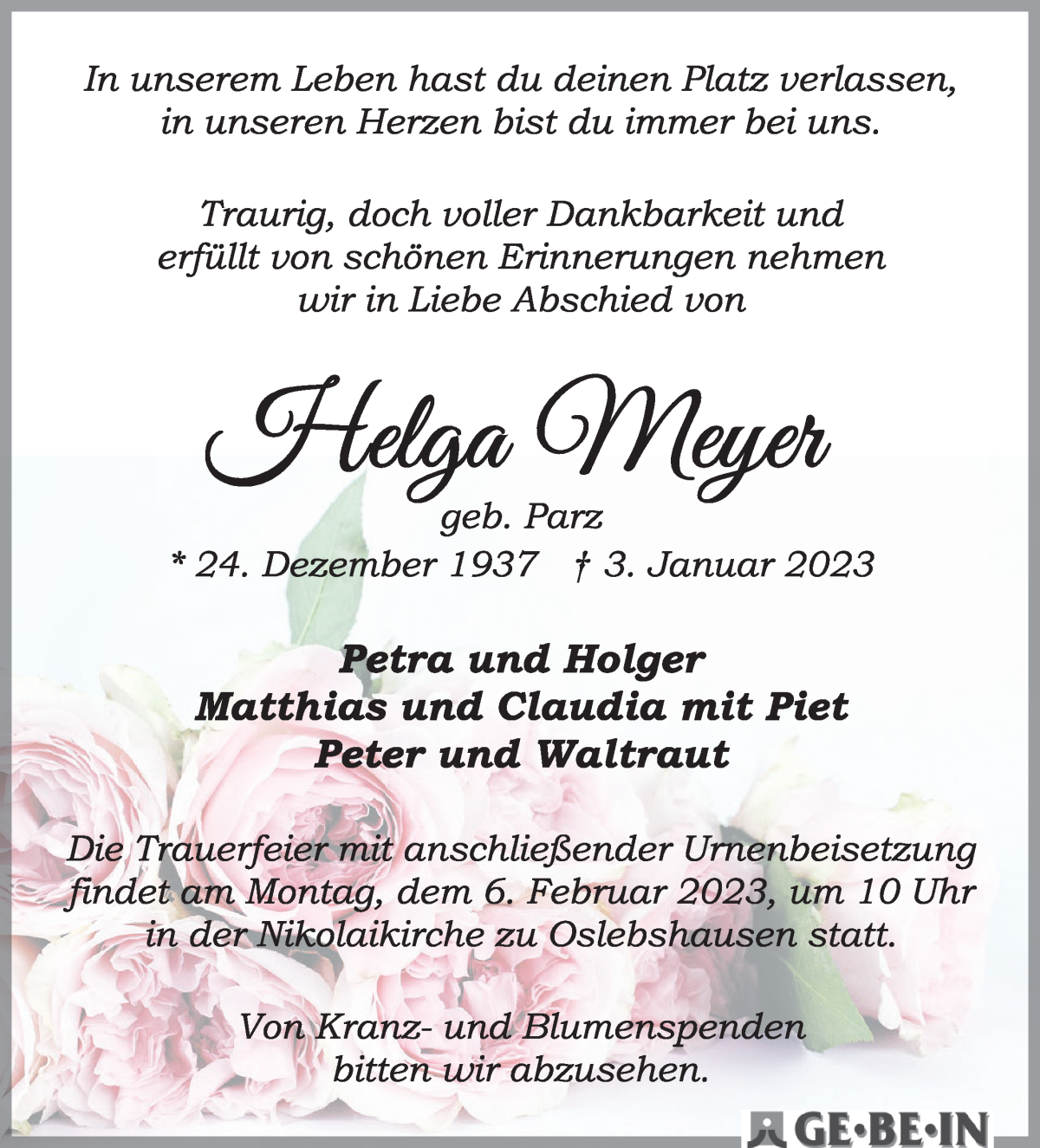 Traueranzeige von Helga Meyer von WESER-KURIER