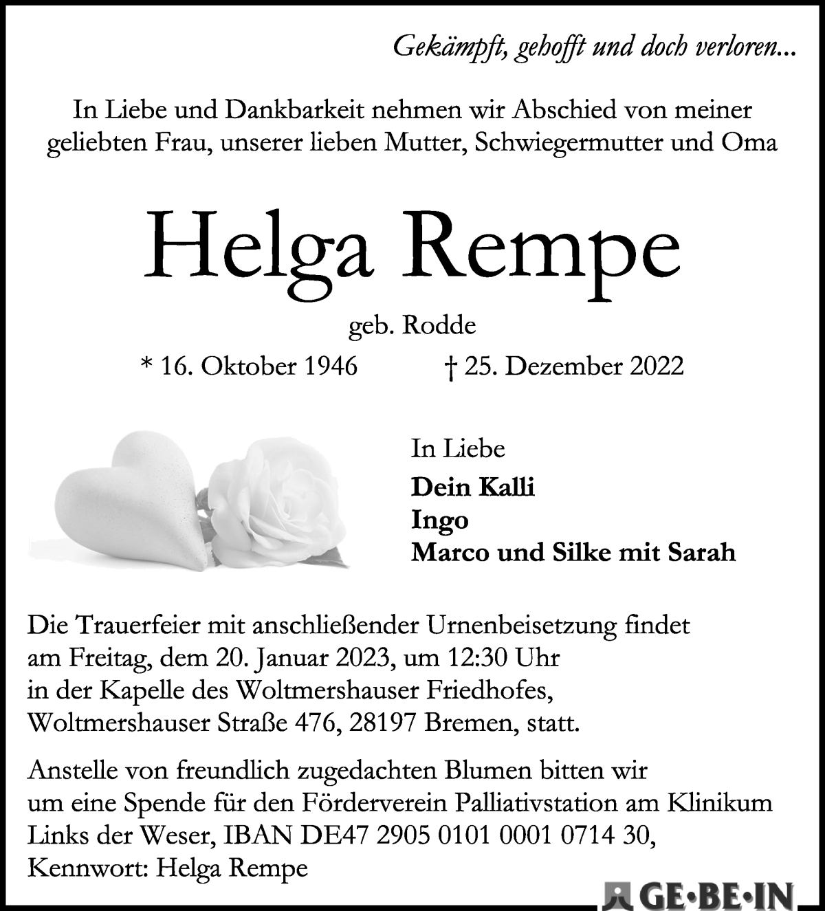 Traueranzeige von Helga Rempe von WESER-KURIER