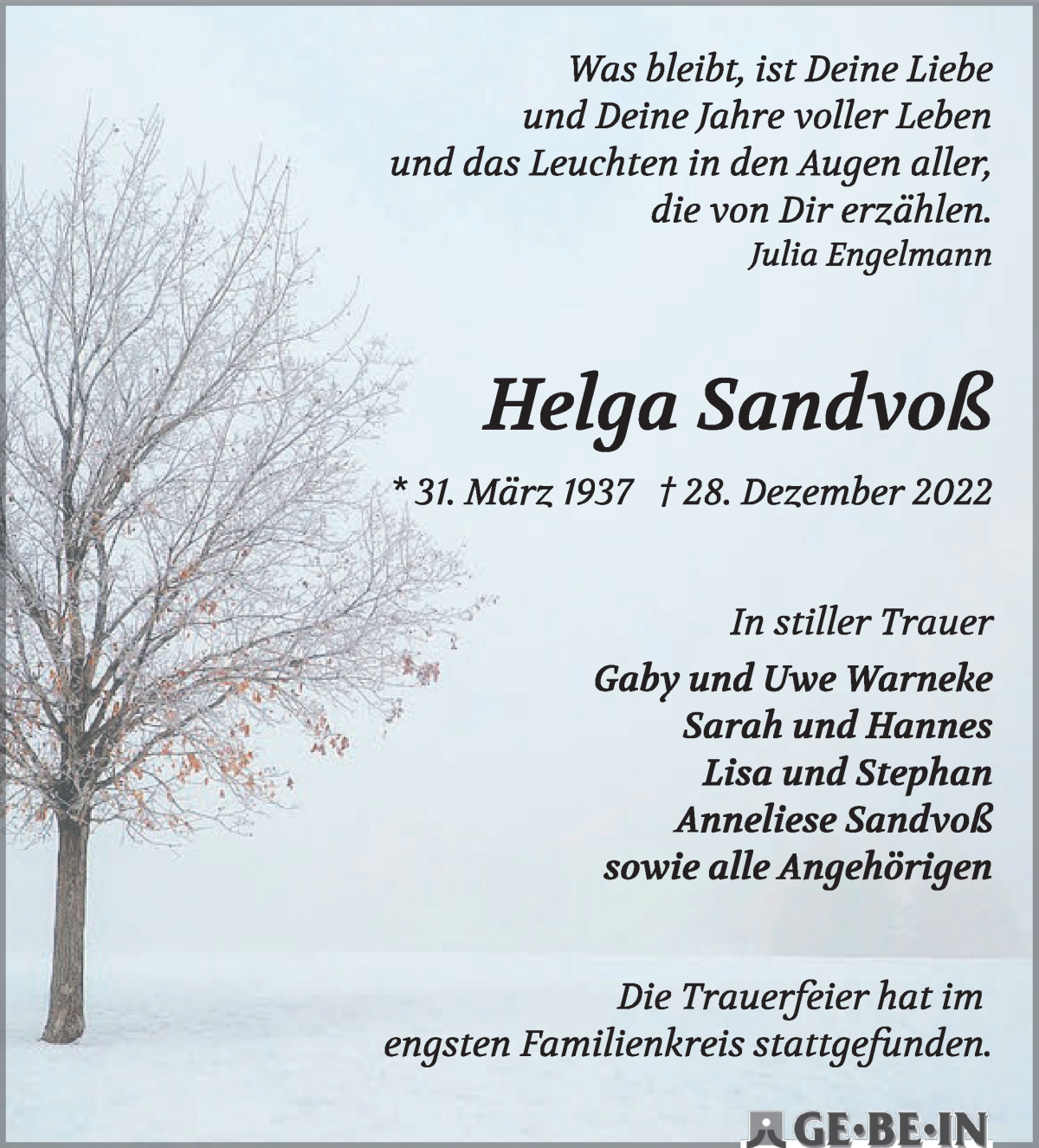 Traueranzeige von Helga Sandvoß von WESER-KURIER
