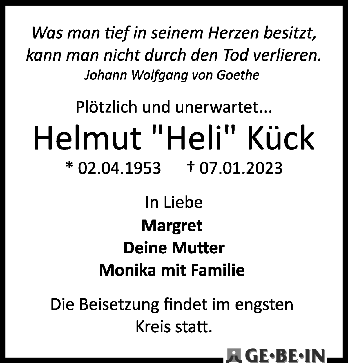 Traueranzeige von Helmut Kück von WESER-KURIER