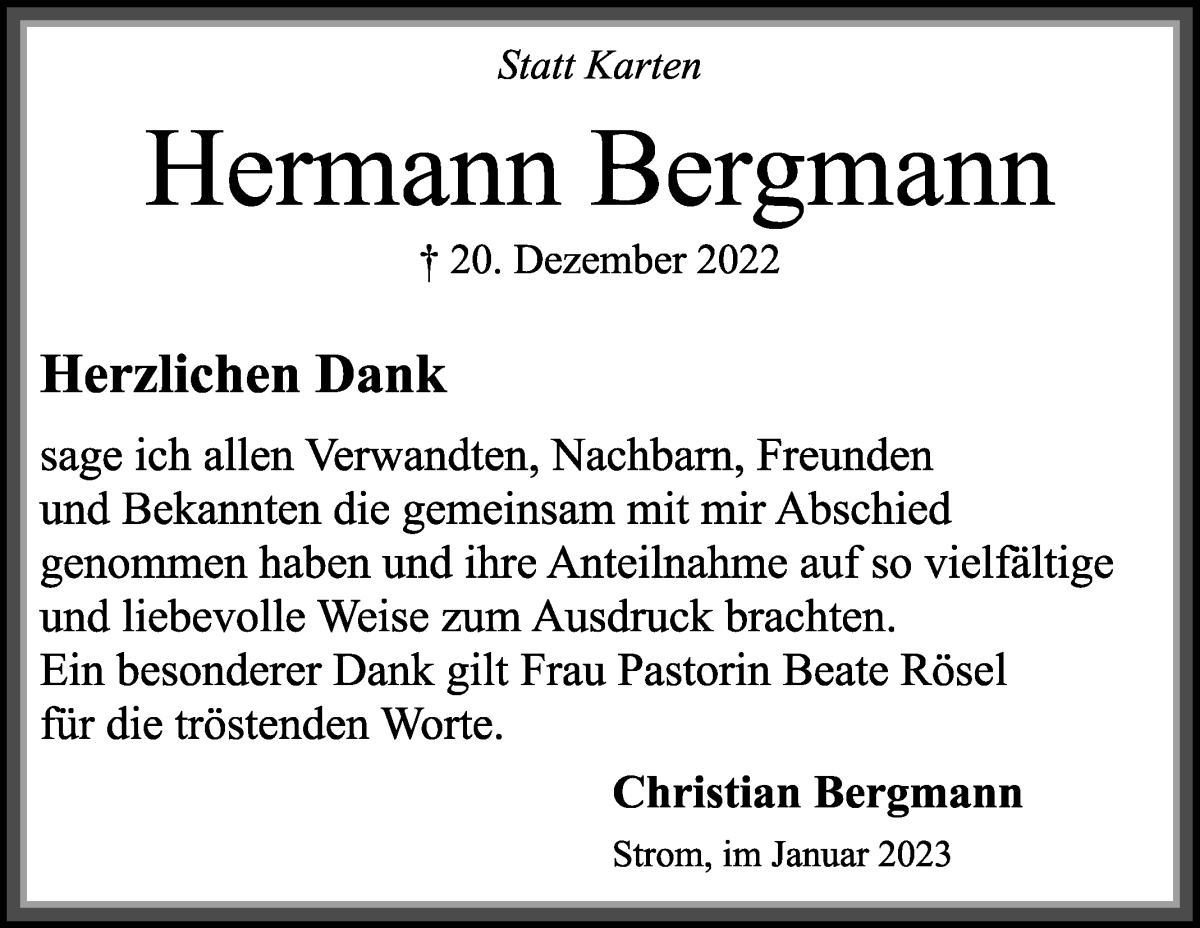 Traueranzeige von Hermann Bergmann von WESER-KURIER