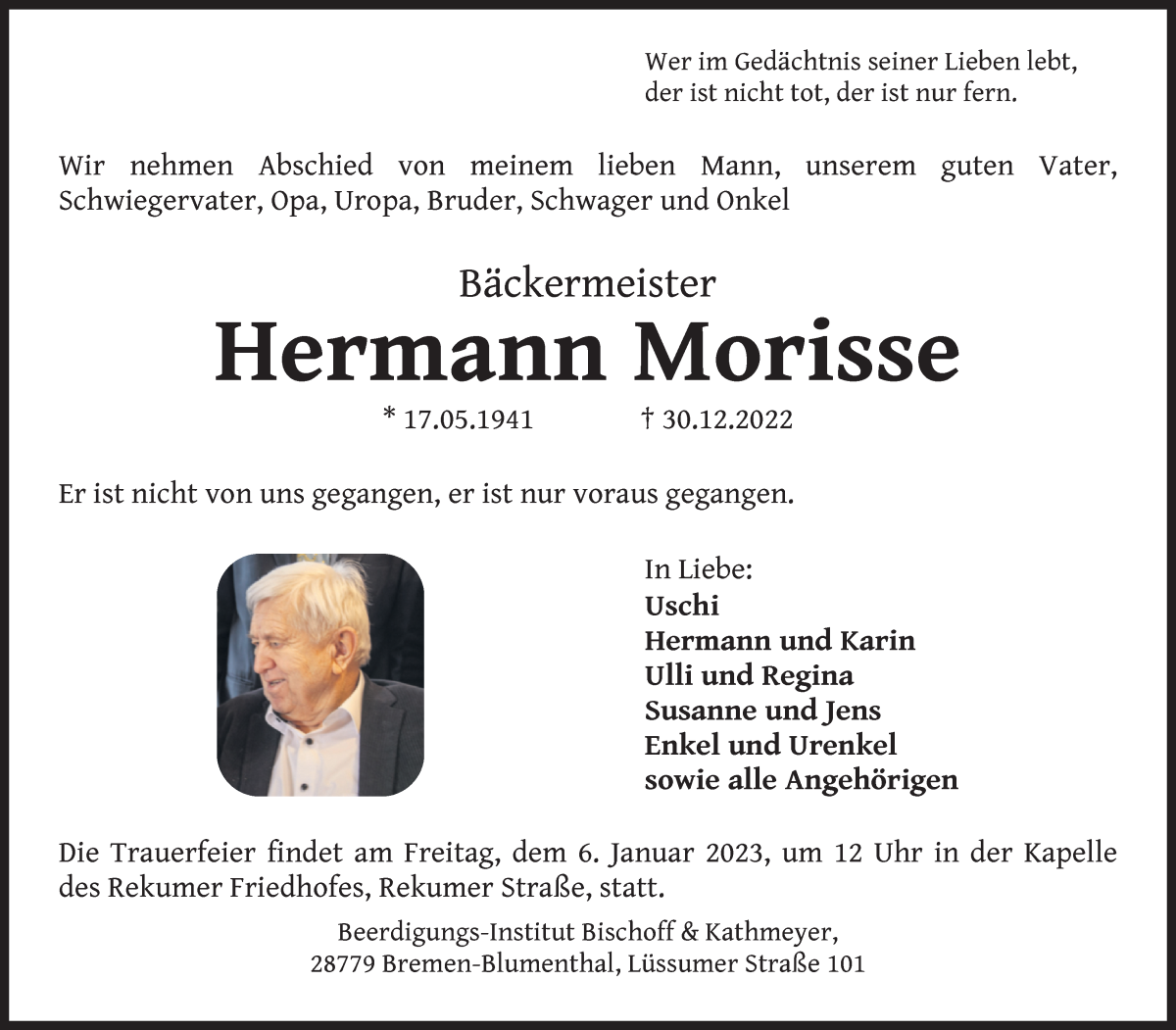 Traueranzeige von Hermann Morisse von Die Norddeutsche