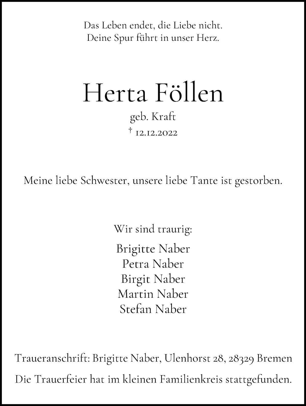Traueranzeige von Herta Föllen von WESER-KURIER