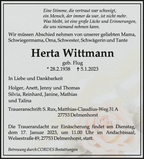 Traueranzeige von Herta Wittmann von WESER-KURIER