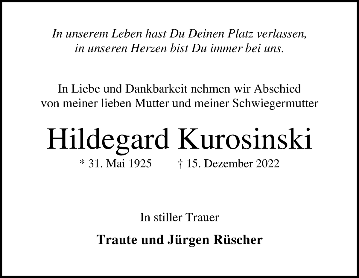 Traueranzeige von Hildegard Kurosinski von Die Norddeutsche