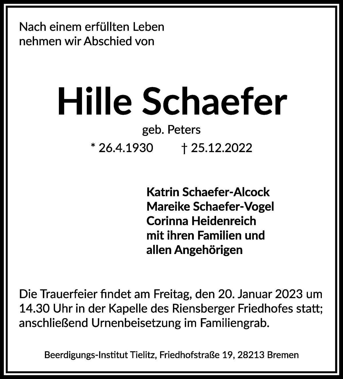 Traueranzeige von Hille Schaefer von WESER-KURIER