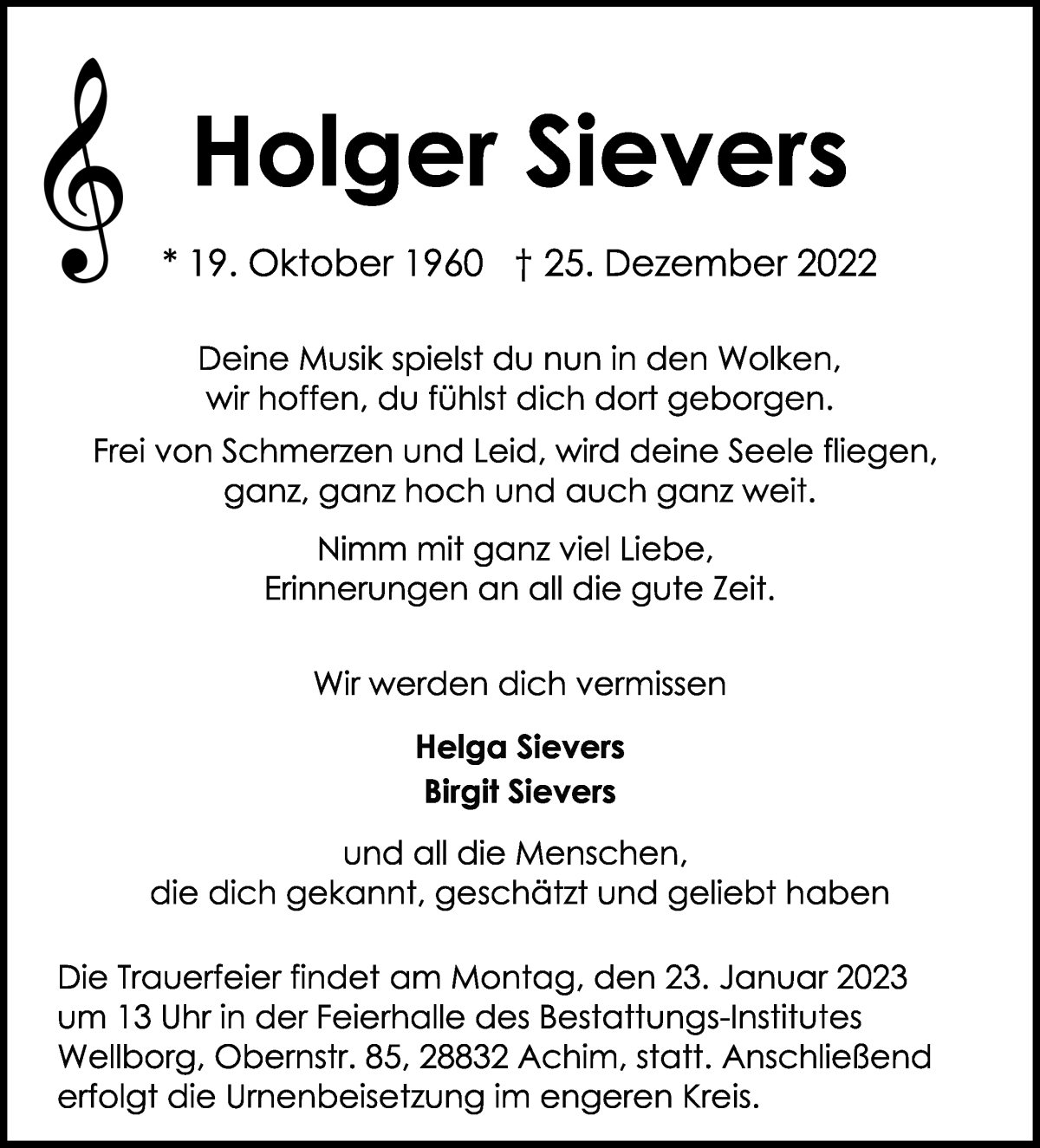 Traueranzeige von Holger Sievers von WESER-KURIER