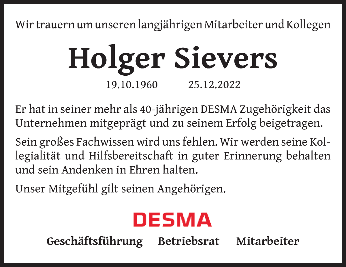 Traueranzeige von Holger Sievers von WESER-KURIER