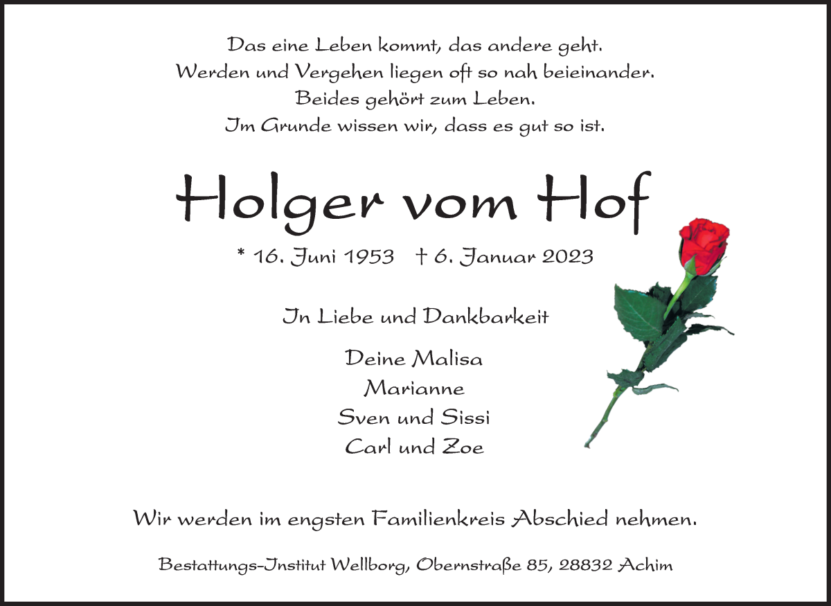 Traueranzeige von Holger vom Hof von Achimer Kurier/Verdener Nachrichten