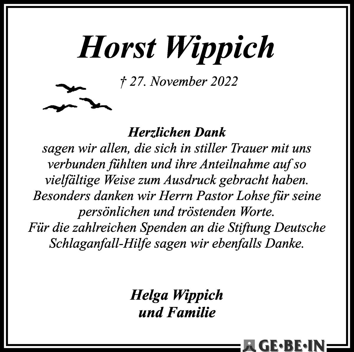 Traueranzeige von Horst Wippich von WESER-KURIER