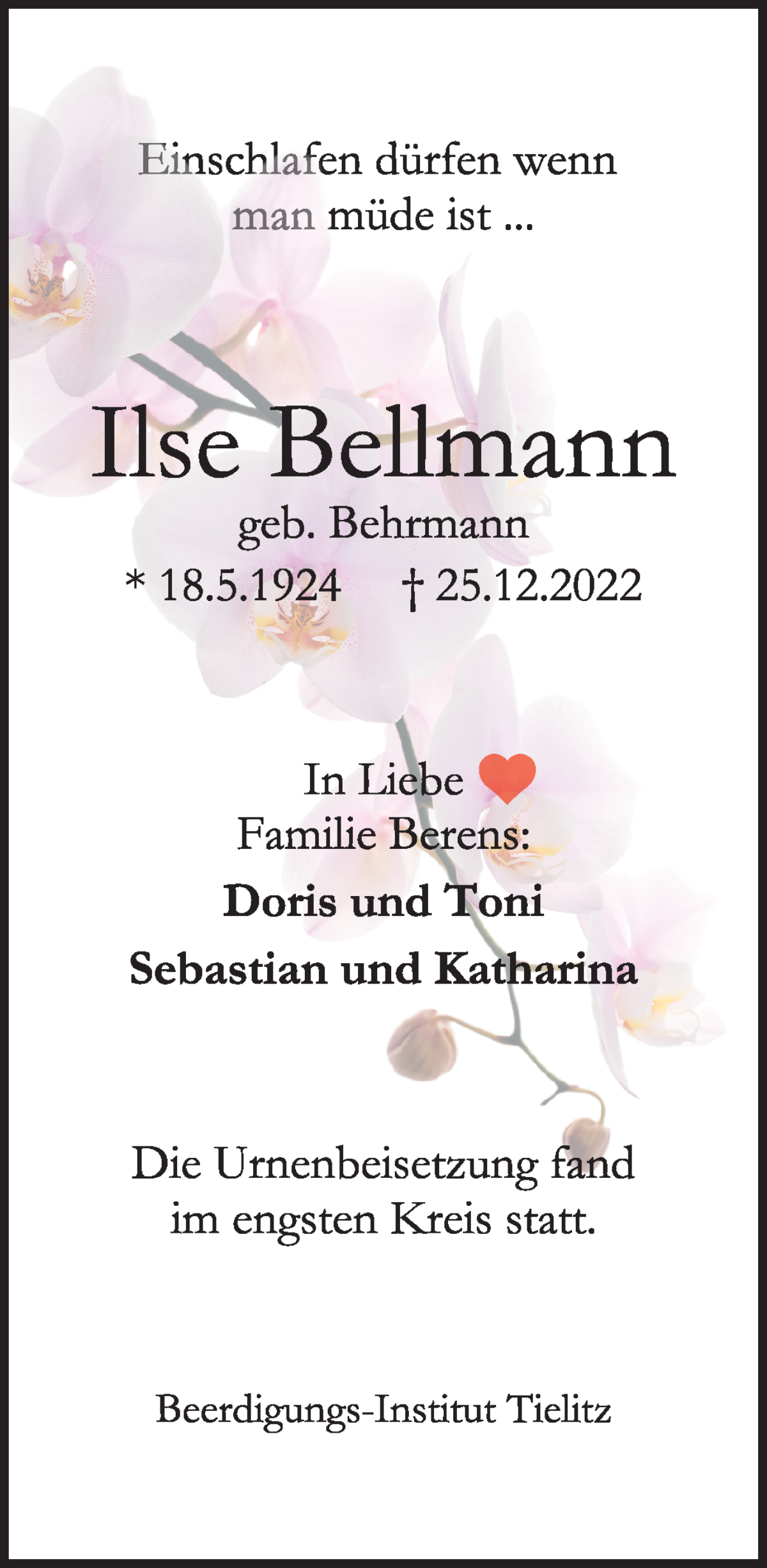Traueranzeige von Ilse Bellmann von WESER-KURIER