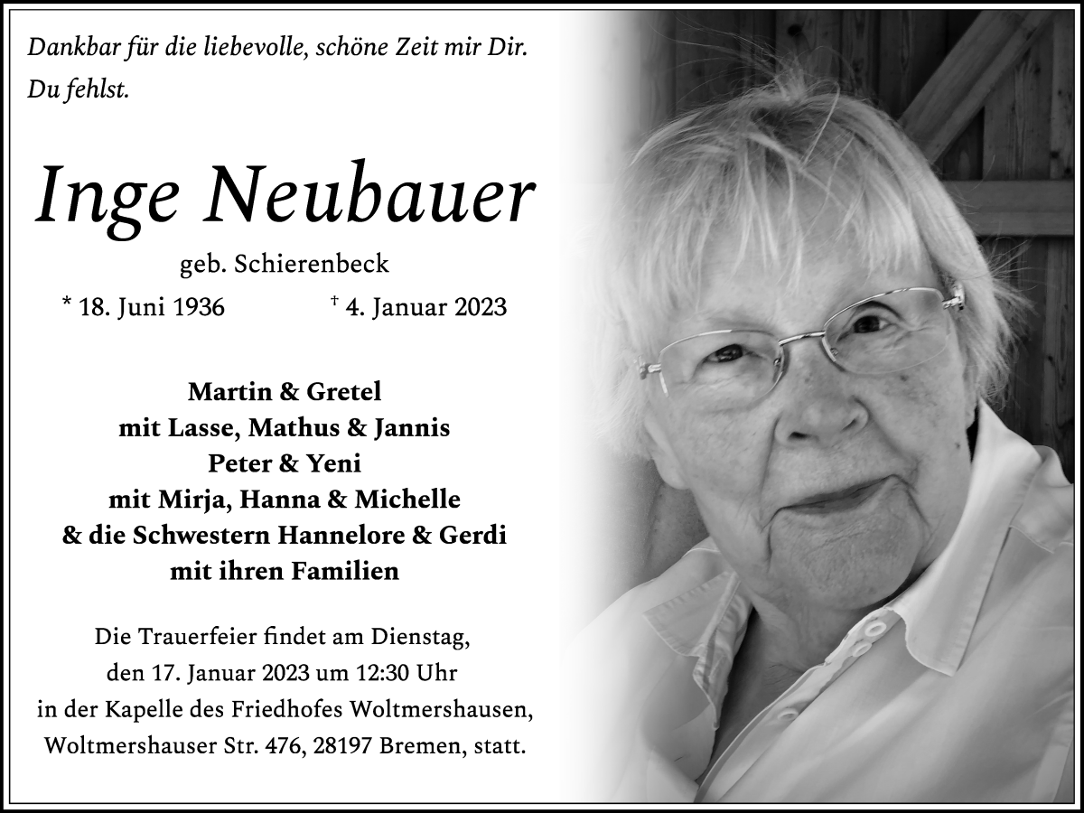 Traueranzeige von Inge Neubauer von WESER-KURIER