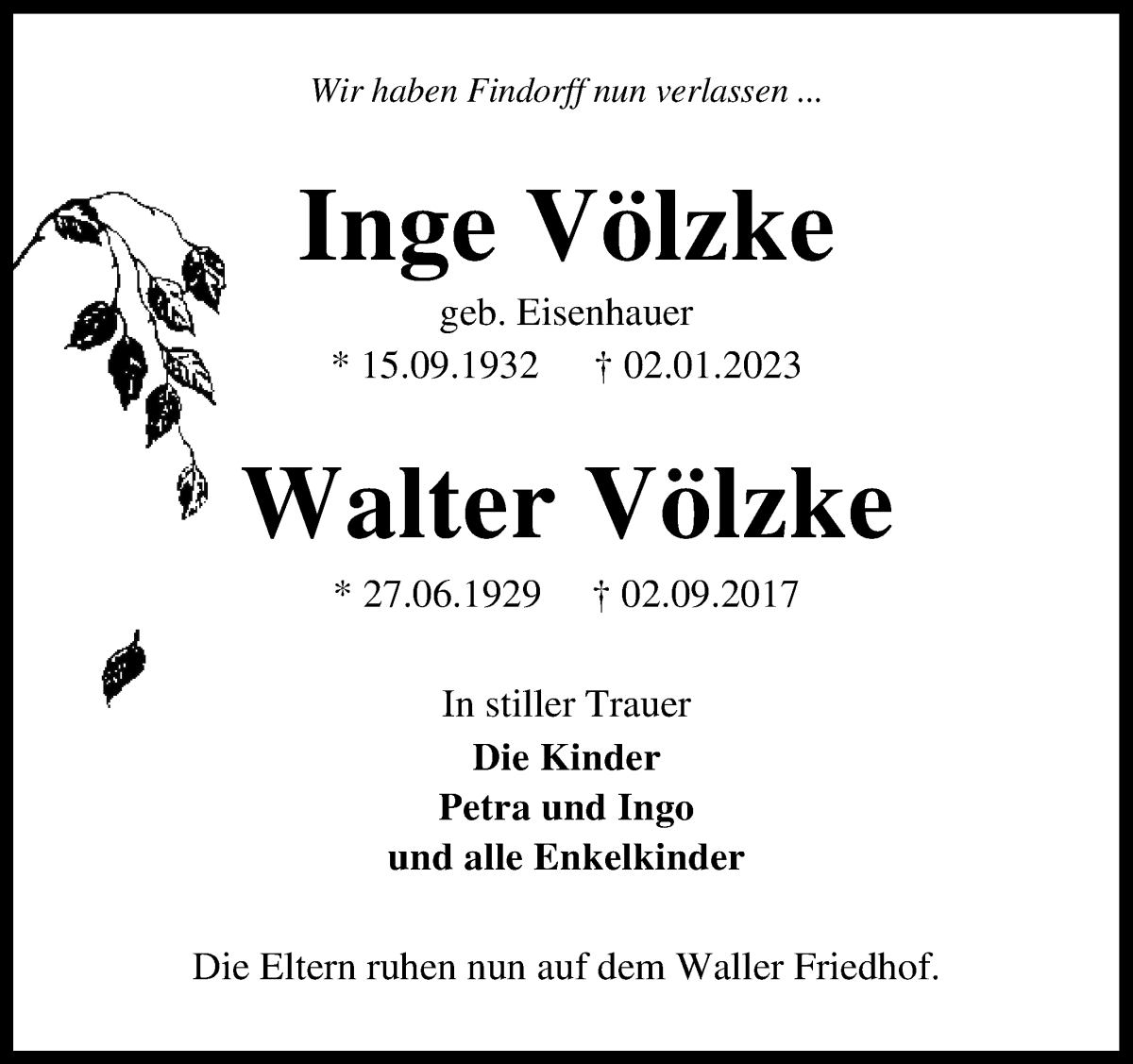 Traueranzeige von Inge Völzke von WESER-KURIER