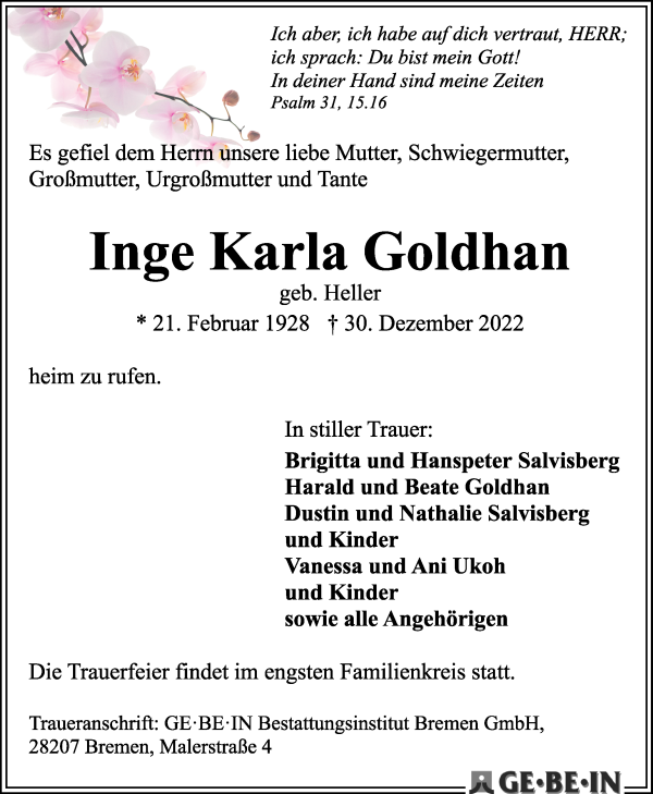 Traueranzeige von Inge Karla Goldhan von WESER-KURIER
