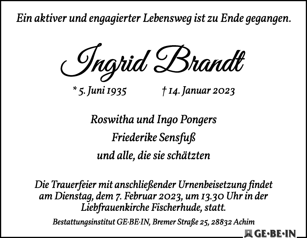 Traueranzeige von Ingrid Brandt von Achimer Kurier/Verdener Nachrichten