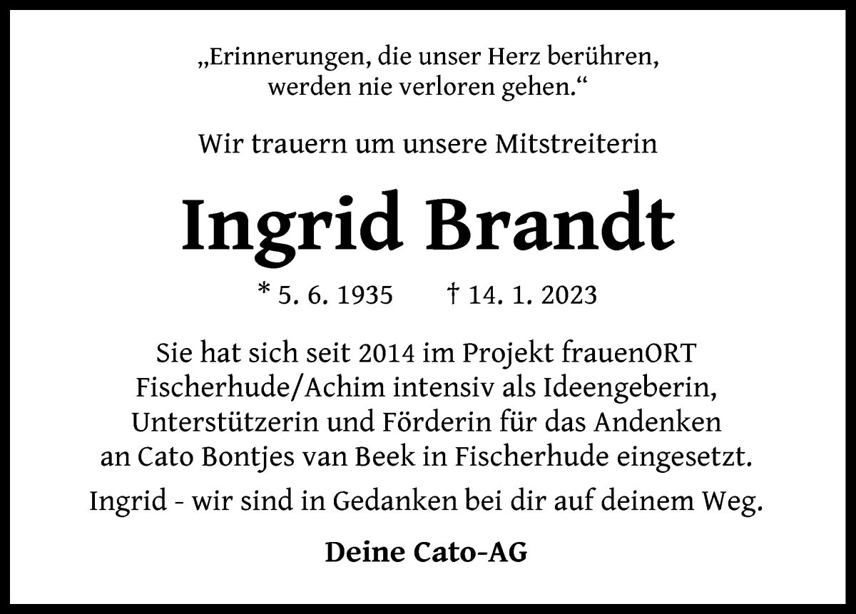 Traueranzeige von Ingrid Brandt von Achimer Kurier/Verdener Nachrichten