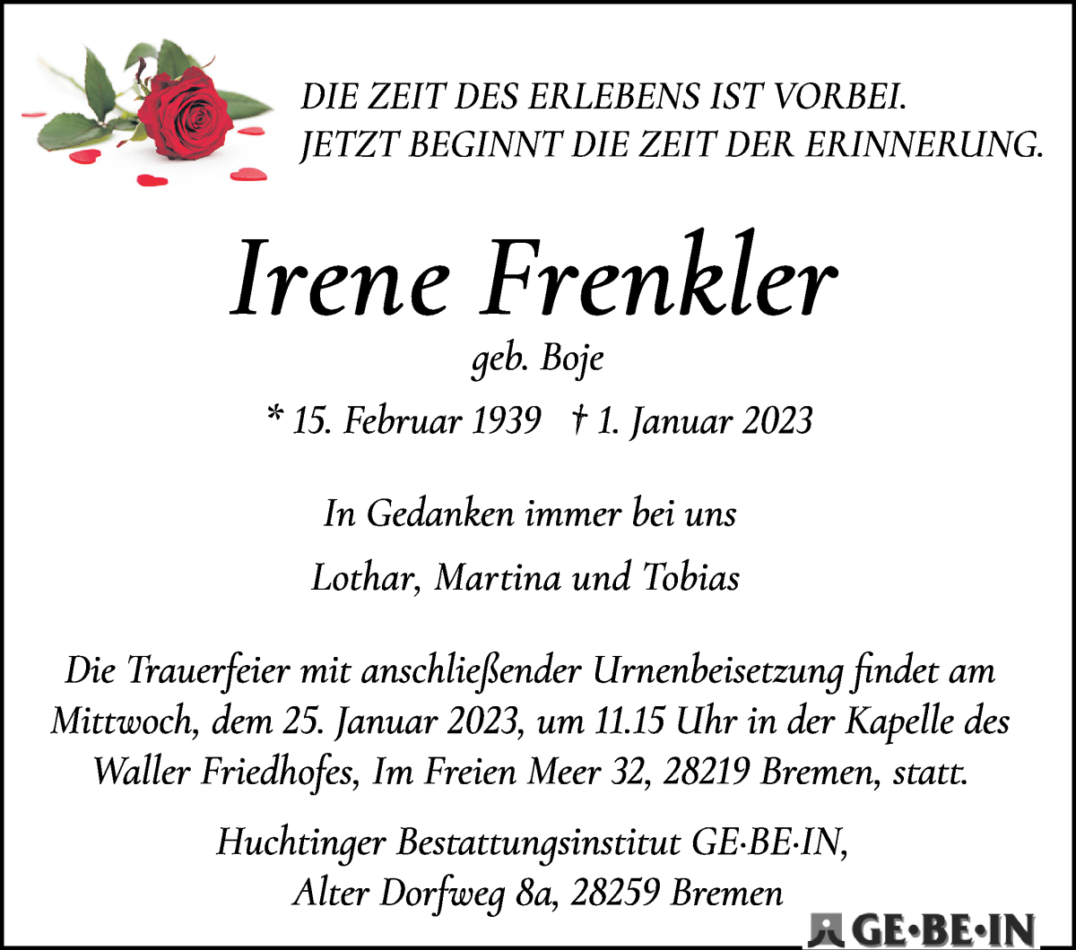 Traueranzeige von Irene Frenkler von WESER-KURIER