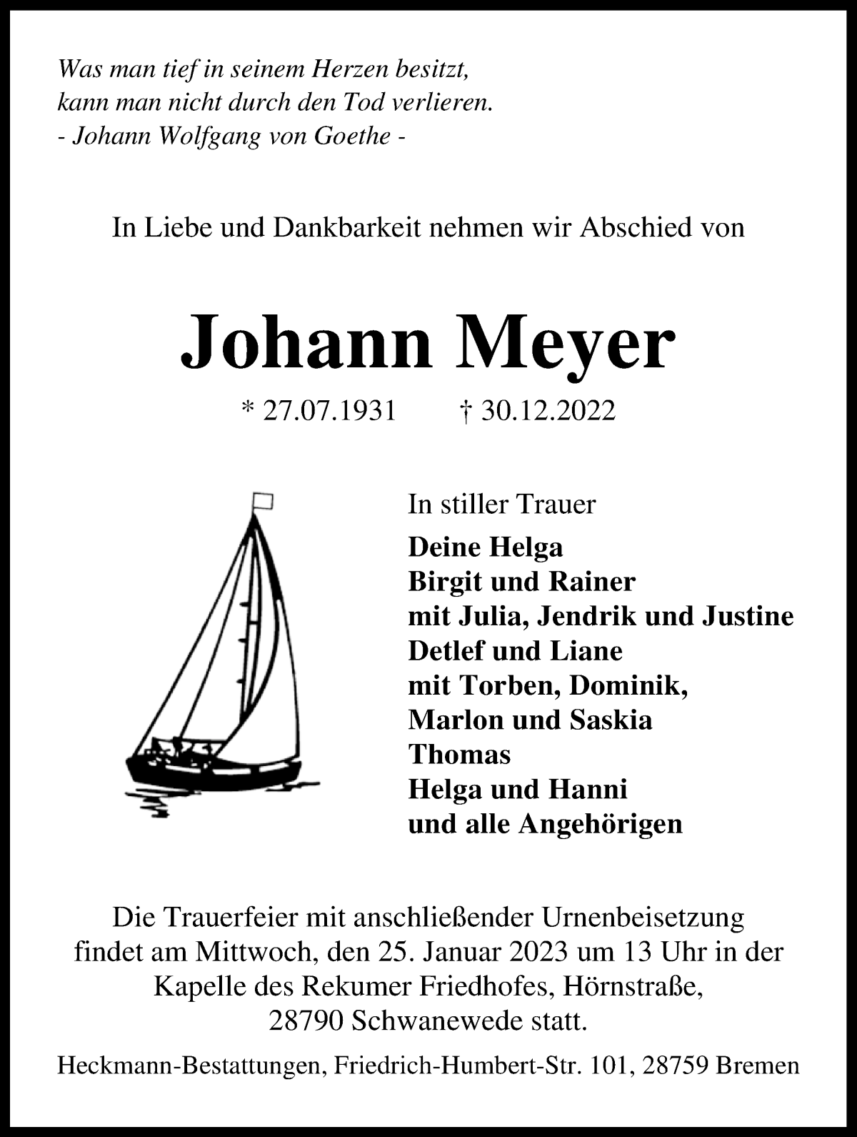 Traueranzeige von Johann Meyer von Die Norddeutsche