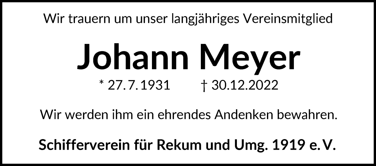 Traueranzeige von Johann Meyer von Die Norddeutsche