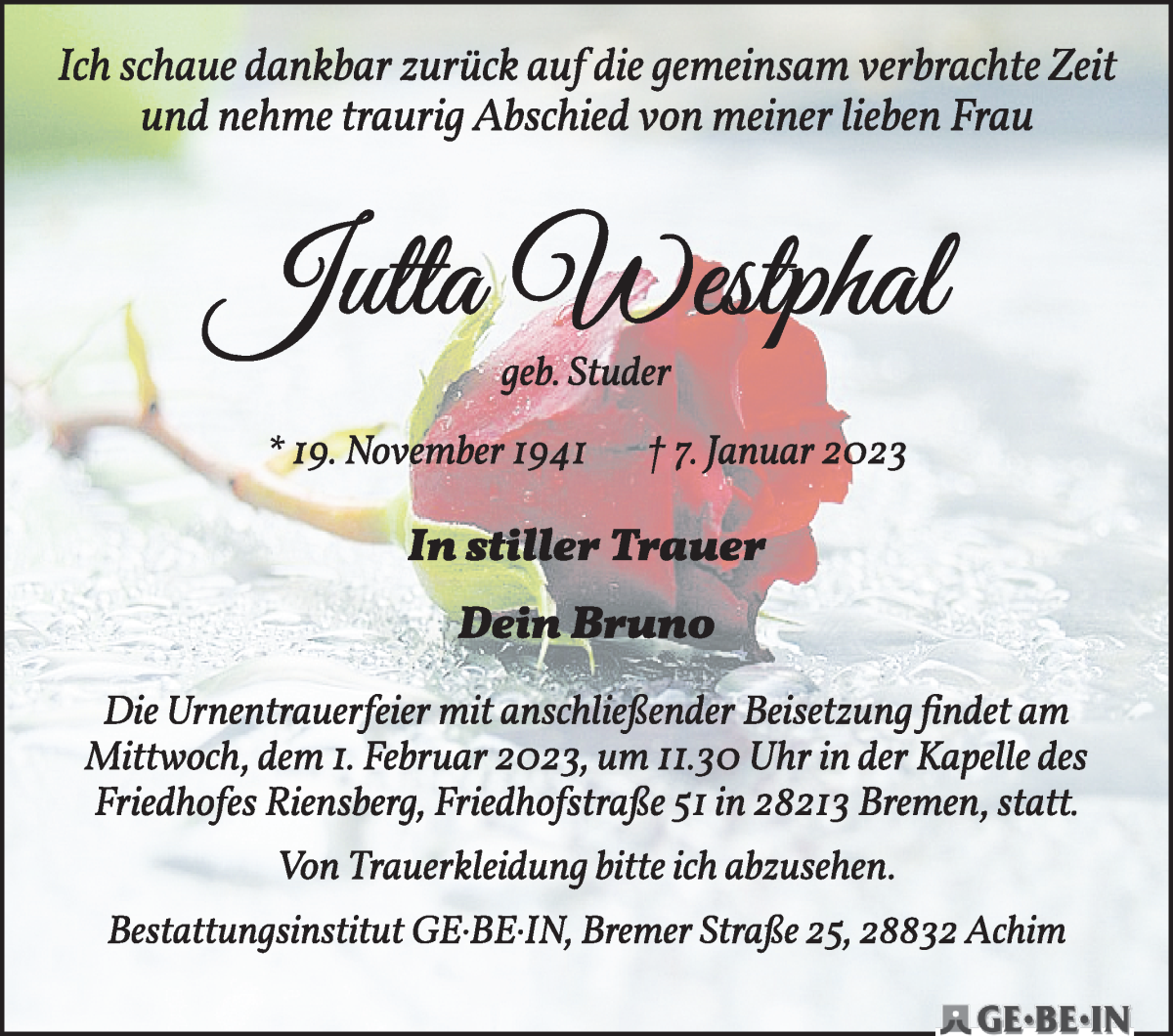Traueranzeige von Jutta Westphal von WESER-KURIER