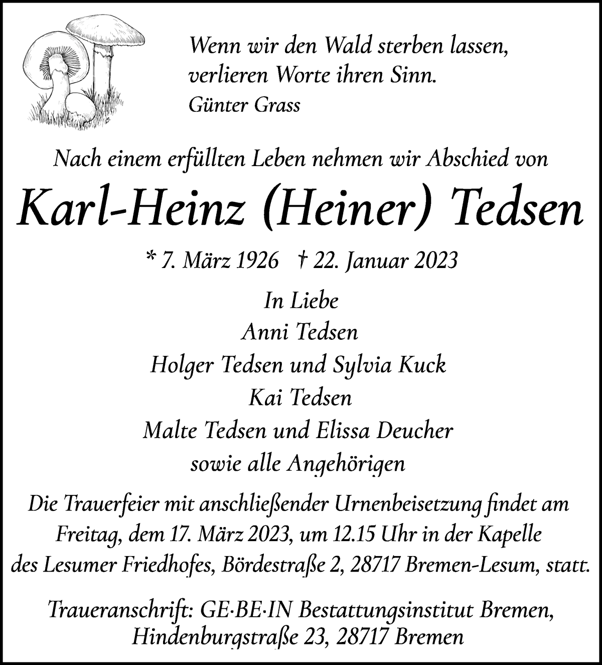 Traueranzeige von Karl-Heinz Tedsen von Die Norddeutsche