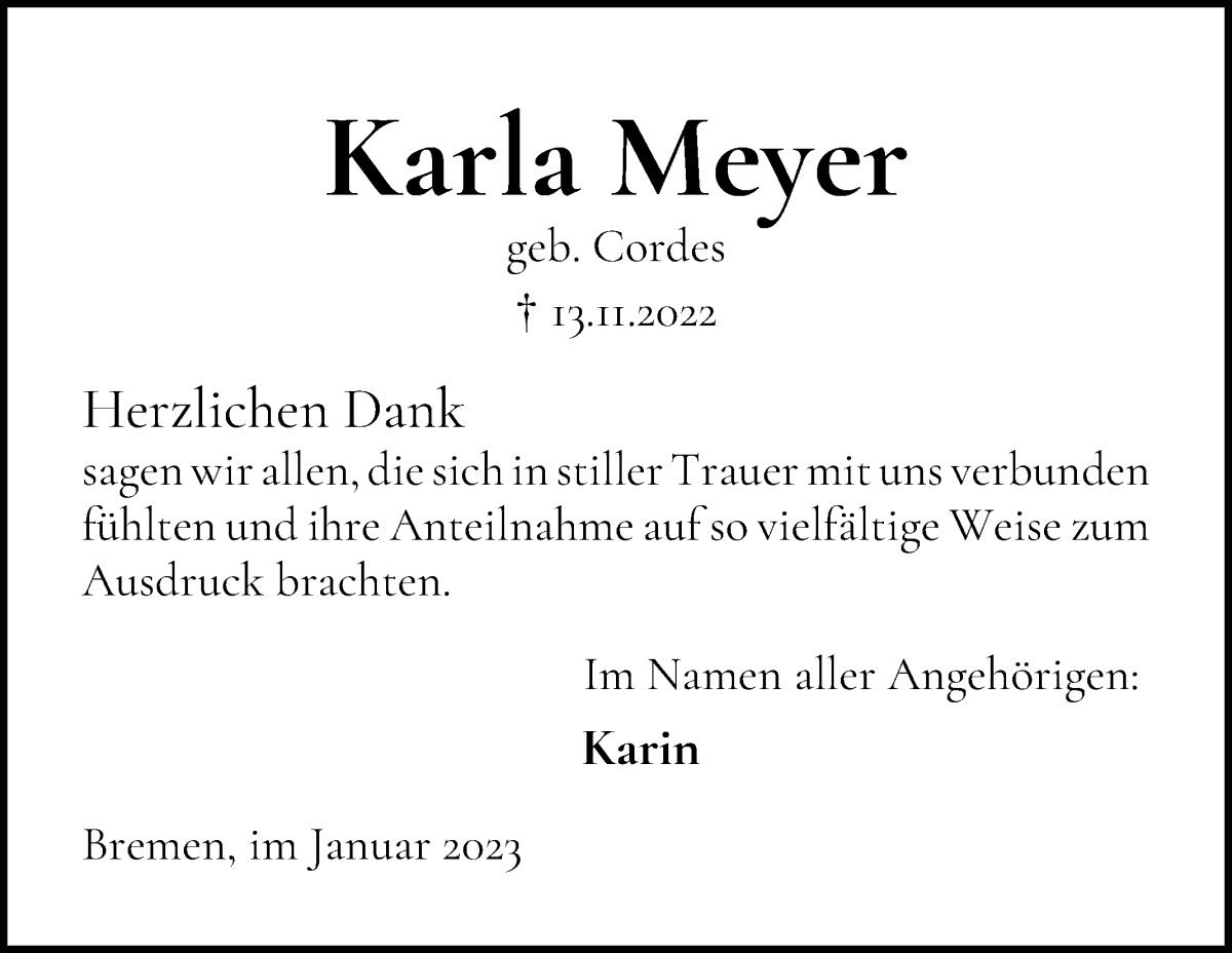 Traueranzeige von Karla Meyer von Die Norddeutsche