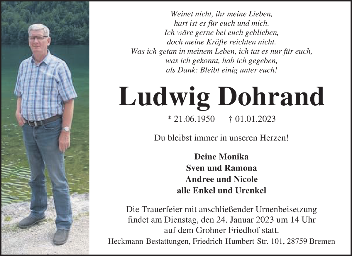 Traueranzeige von Ludwig Dohrand von WESER-KURIER