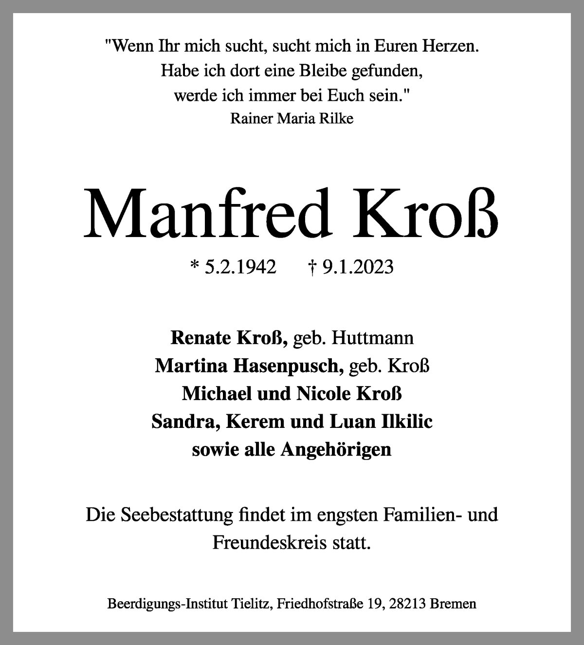 Traueranzeige von Manfred Kroß von WESER-KURIER