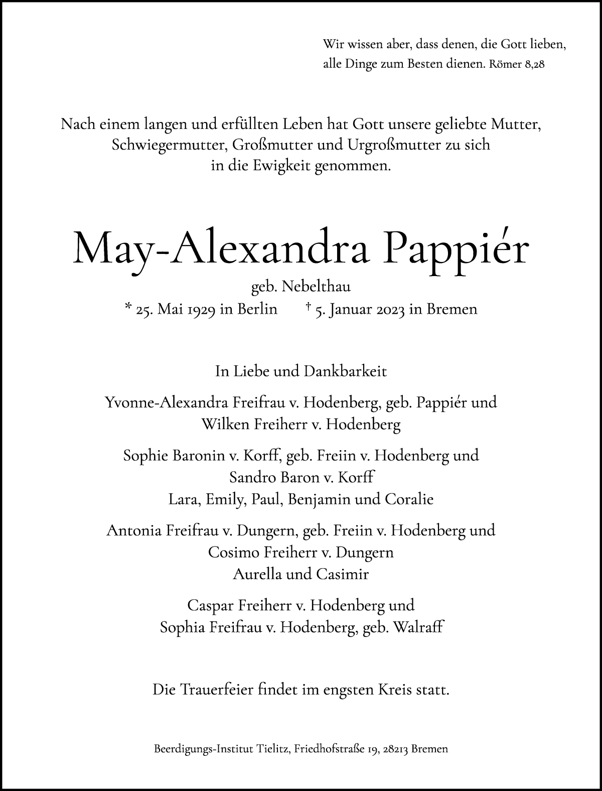 Traueranzeige von May-Alexandra Pappier von WESER-KURIER