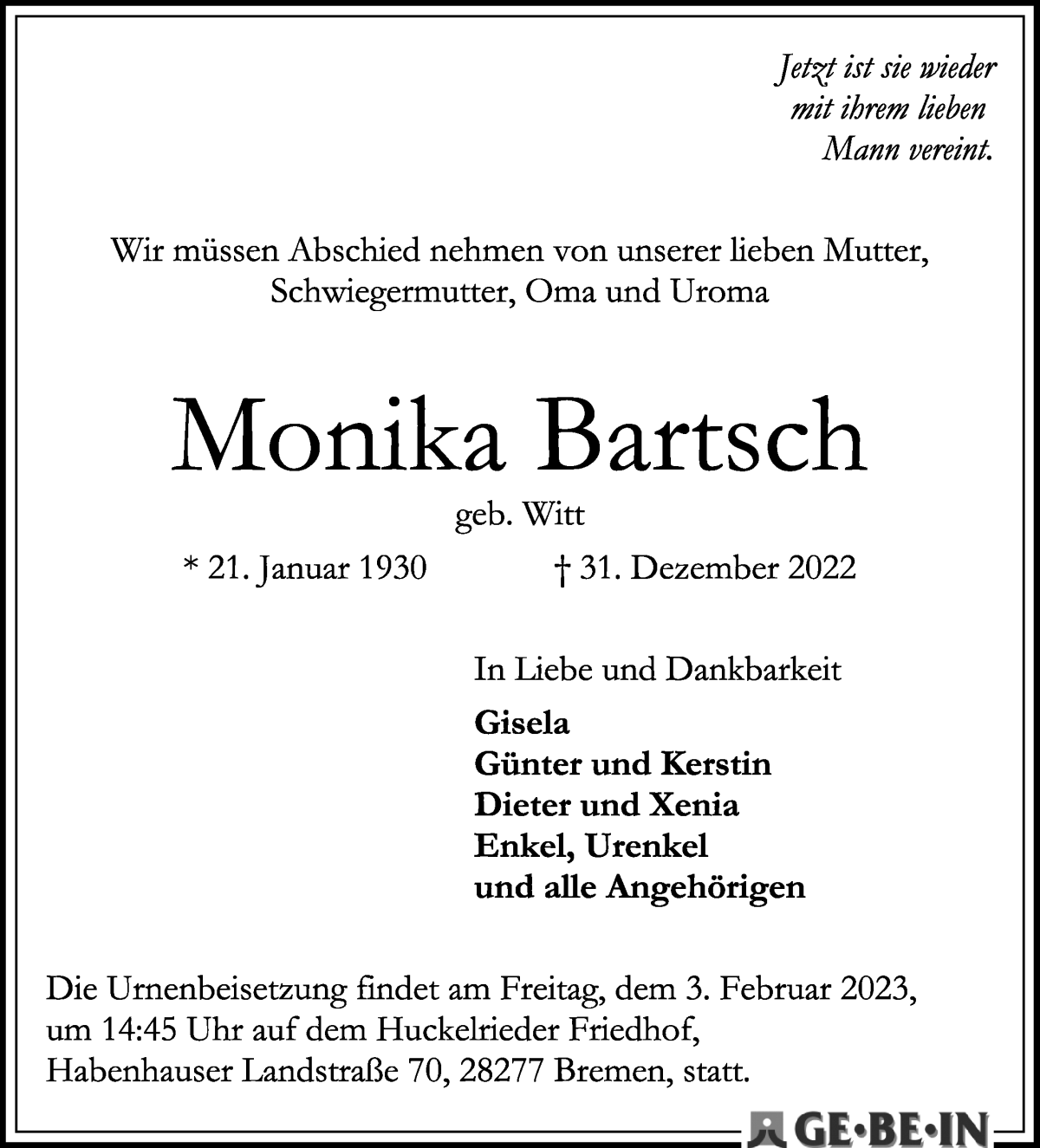 Traueranzeige von Monika Bartsch von WESER-KURIER