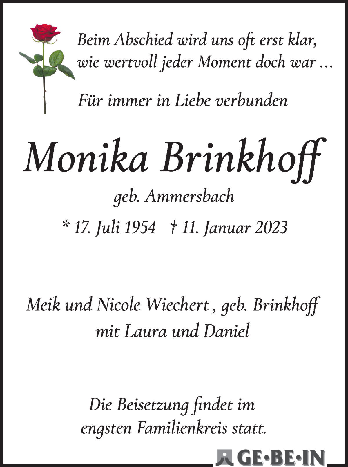 Traueranzeige von Monika Brinkhoff von WESER-KURIER