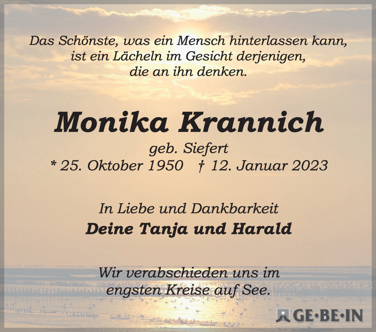 Traueranzeige von Monika Krannich von WESER-KURIER