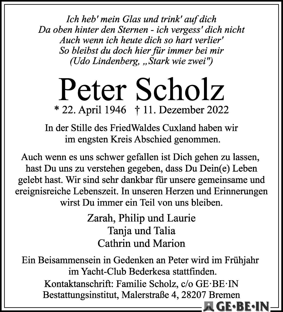 Traueranzeige von Peter Scholz von WESER-KURIER