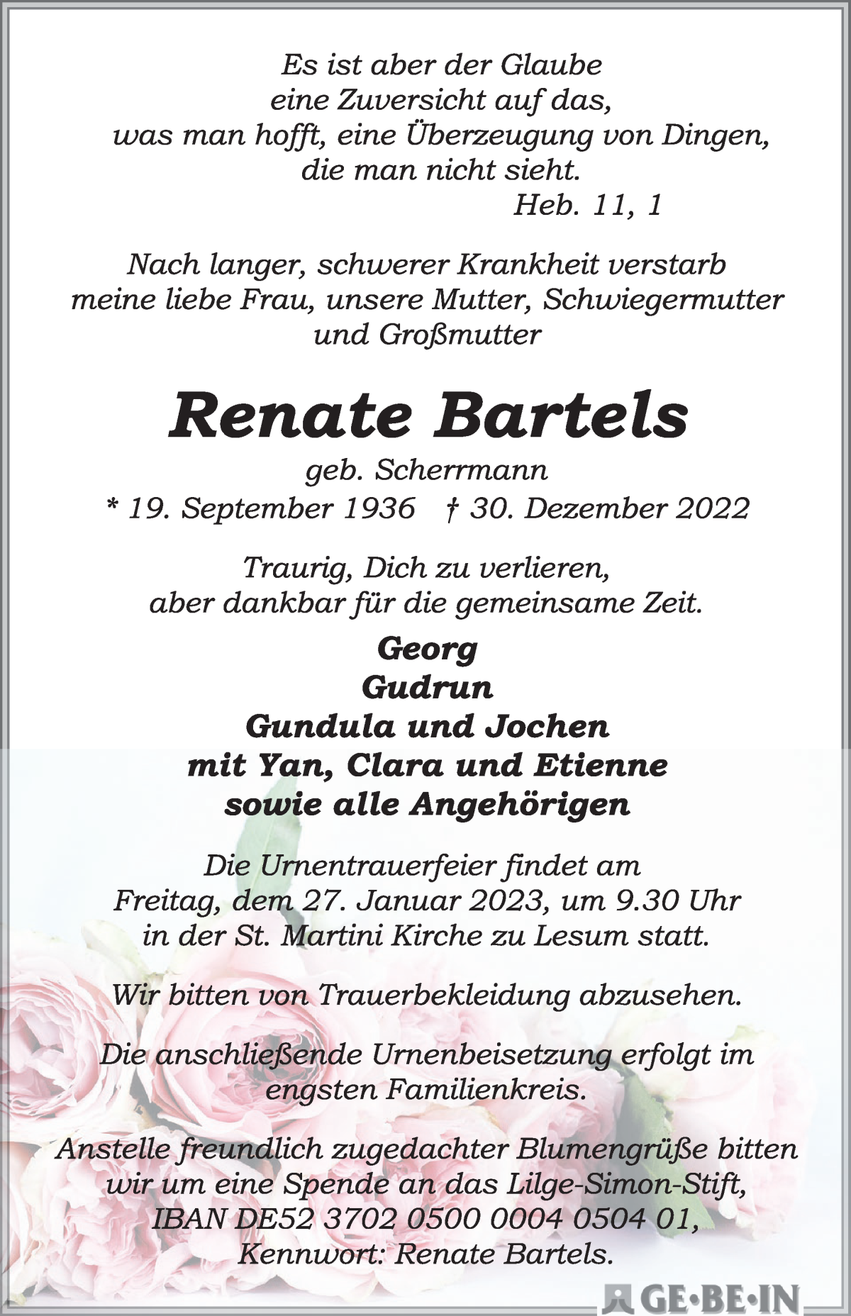 Traueranzeige von Renate Bartels von WESER-KURIER