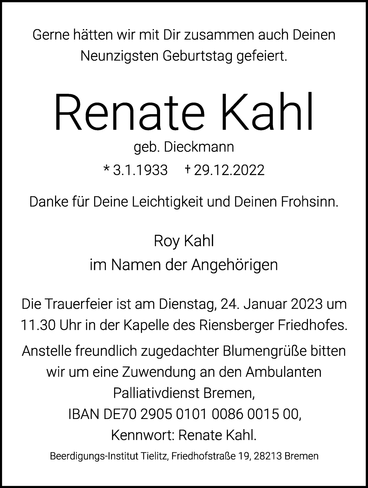 Traueranzeige von Renate Kahl von WESER-KURIER