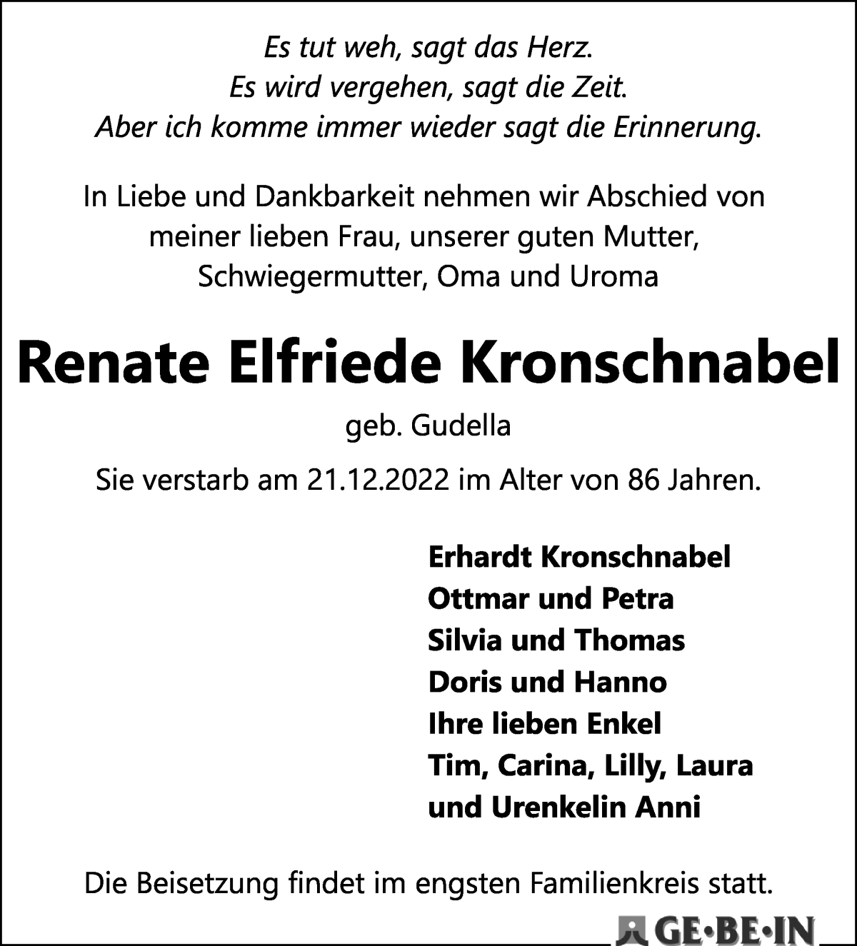 Traueranzeige von Renate Elfriede Kronschnabel von WESER-KURIER