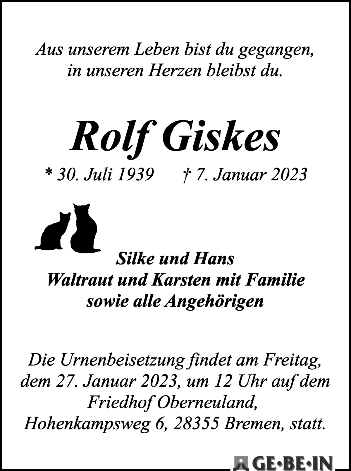 Traueranzeige von Rolf Giskes von WESER-KURIER