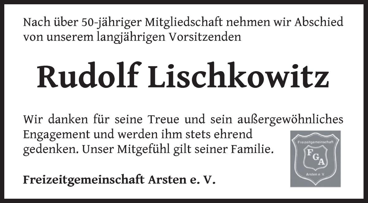 Traueranzeige von Rudolf Lischkowitz von WESER-KURIER