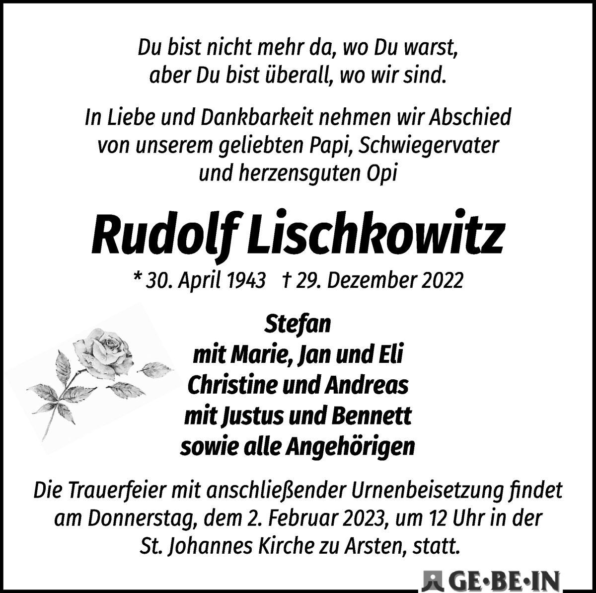 Traueranzeige von Rudolf Lischkowitz von WESER-KURIER