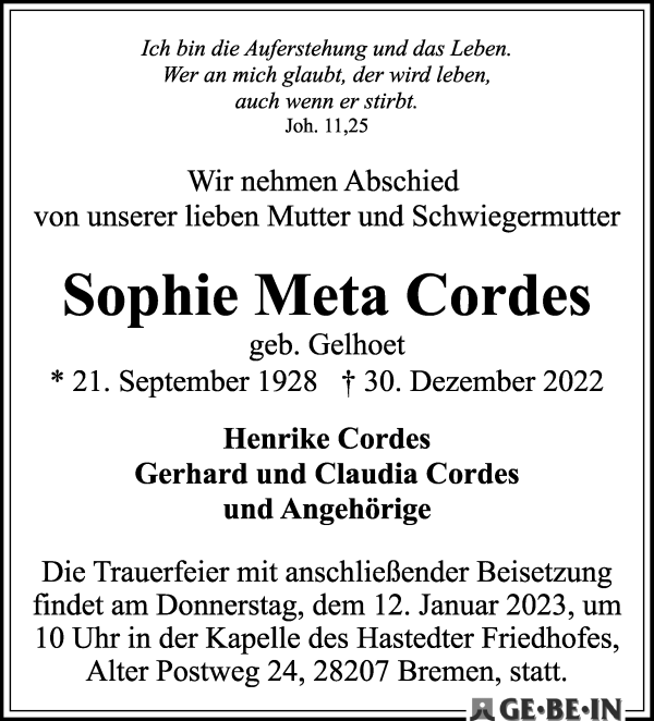 Traueranzeige von Sophie Meta Cordes von WESER-KURIER